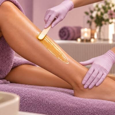 lower leg being waxed with spatula, purple gloves on therapist
